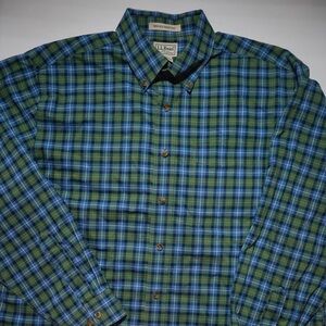 L.L.Bean Men’s Size L Plaid Shirt Wrinkle Cotton Blue Green